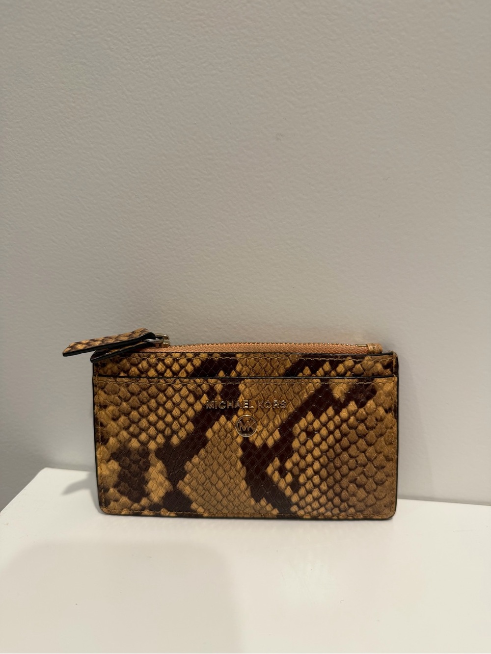 Michael Kors Snake Embossed Print, Charm Slim Card Case in Tan and Brown